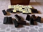 Vintage 28 Pc Wooden Domino Set Dovetail Box Cream Faces. Fixed Price $45.00.