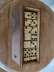 Vintage Bone & Ebony Domino Set Complete 28 Piece Wooden Box Antique. Fixed Price $80.00.